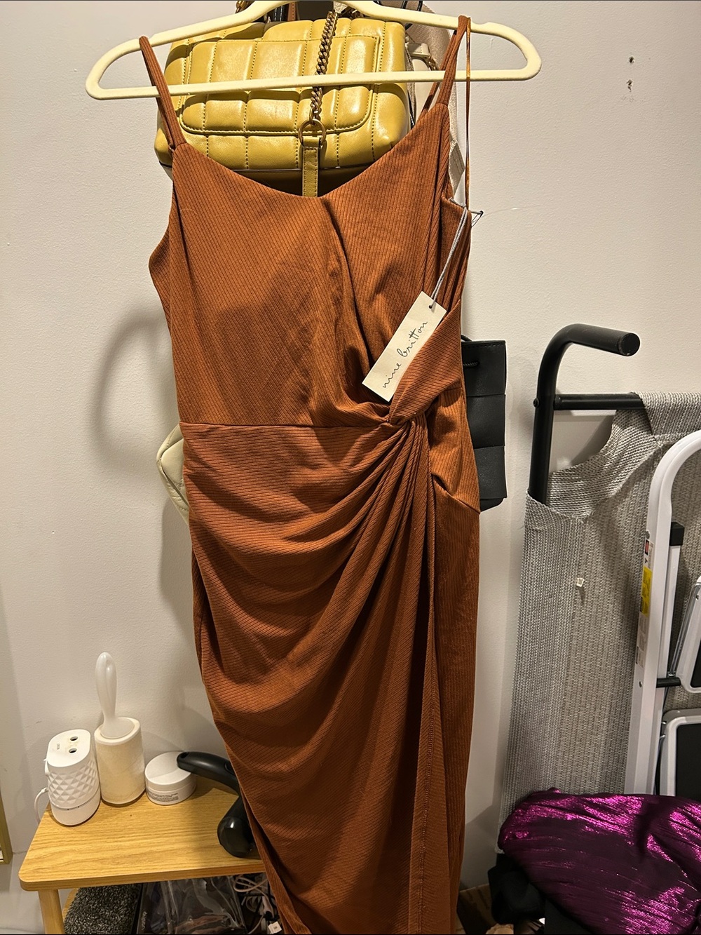 nine britton Rust Brown Ruched Midi Slip Dress